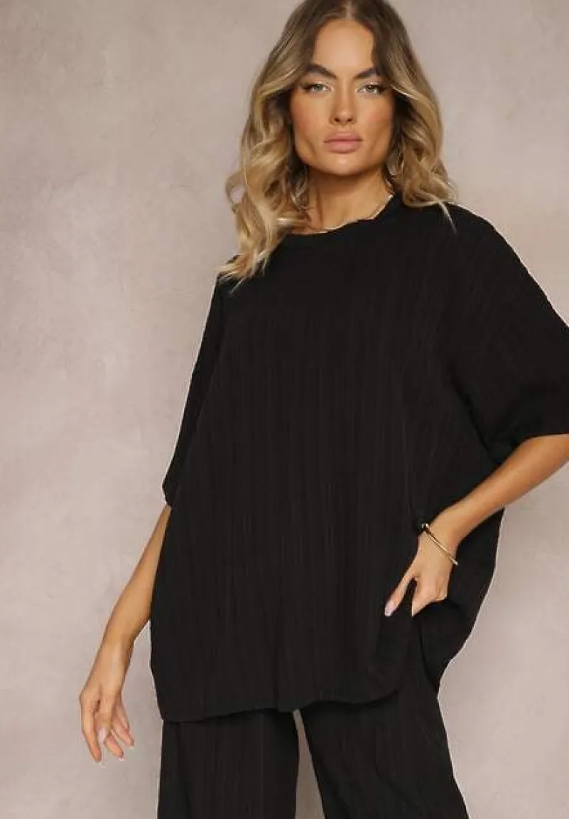 Czarny Oversizowy Komplet z Wiskozą Luźna Bluzka i Proste Spodnie Varlivia