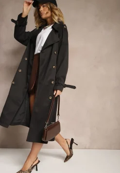 Czarny Oversizowy Płaszcz Trencz o Dwurzędowym Kroju z Paskiem Darinella