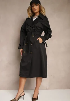 Czarny Oversizowy Płaszcz Trencz o Dwurzędowym Kroju z Paskiem Darinella
