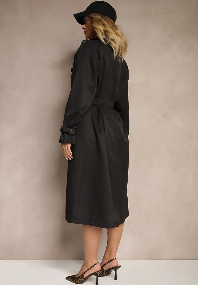 Czarny Oversizowy Płaszcz Trencz o Dwurzędowym Kroju z Paskiem Darinella