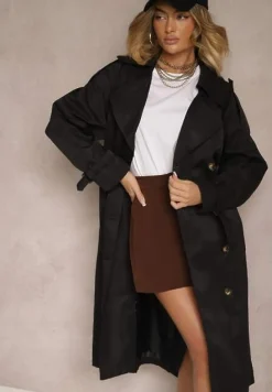 Czarny Oversizowy Płaszcz Trencz o Dwurzędowym Kroju z Paskiem Darinella