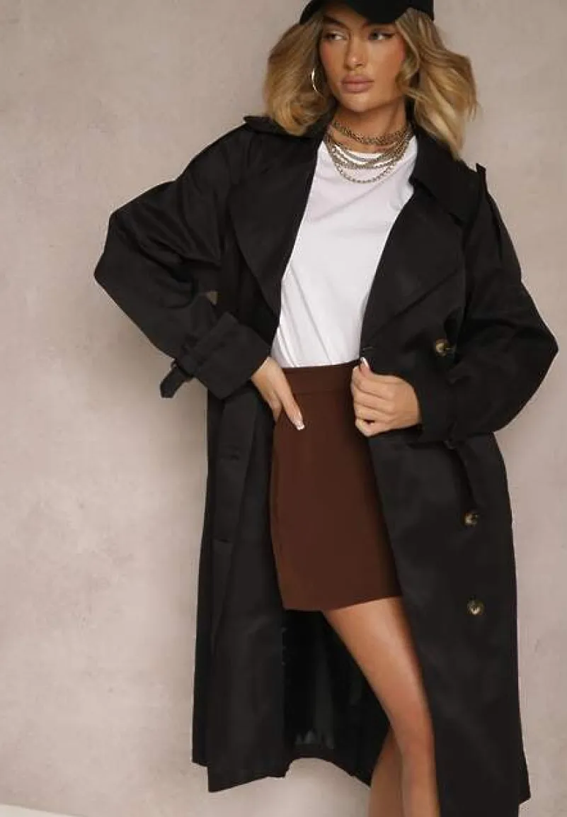 Czarny Oversizowy Płaszcz Trencz o Dwurzędowym Kroju z Paskiem Darinella