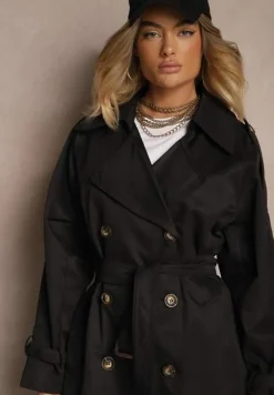 Czarny Oversizowy Płaszcz Trencz o Dwurzędowym Kroju z Paskiem Darinella