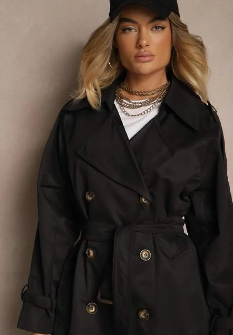 Czarny Oversizowy Płaszcz Trencz o Dwurzędowym Kroju z Paskiem Darinella