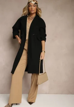 Czarny Płaszcz Dwurzędowy Długi Tadde