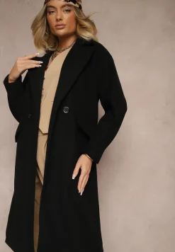 Czarny Płaszcz Dwurzędowy Długi Tadde