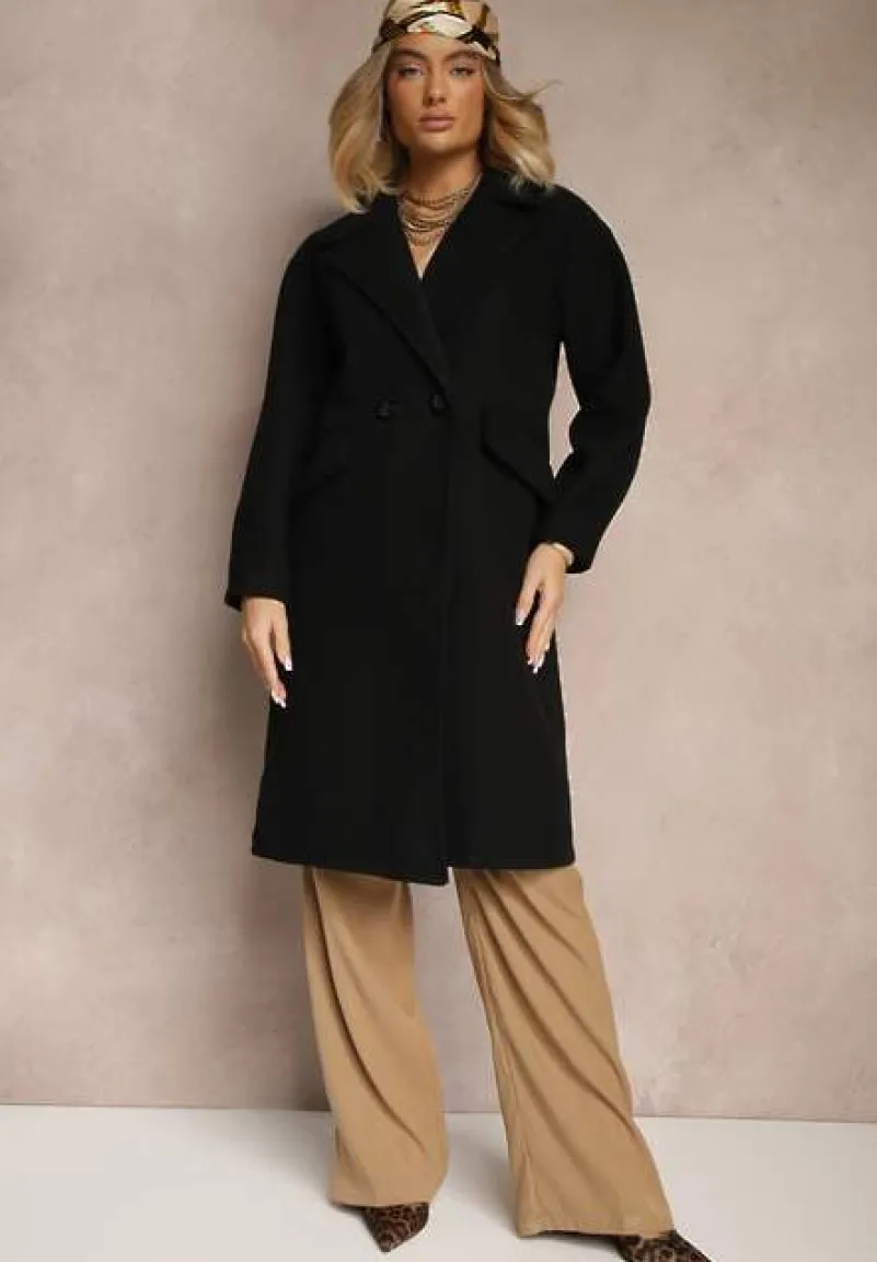 Czarny Płaszcz Dwurzędowy Długi Tadde