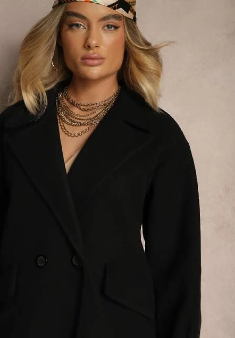 Czarny Płaszcz Dwurzędowy Długi Tadde