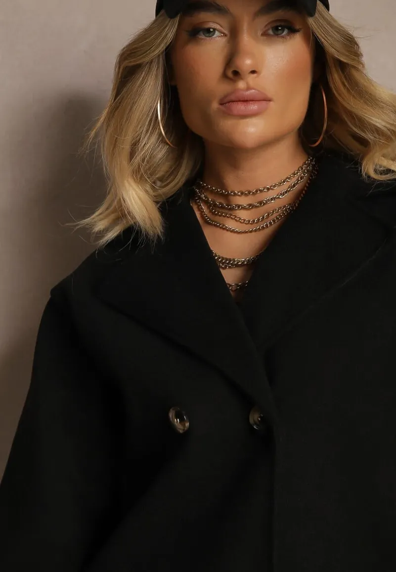 Czarny Płaszcz Dwurzędowy Krótki Poge