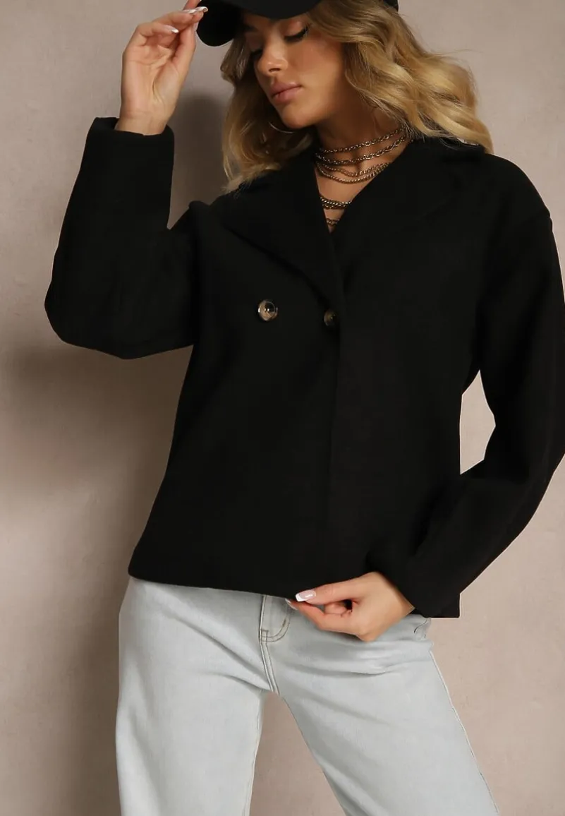 Czarny Płaszcz Dwurzędowy Krótki Poge