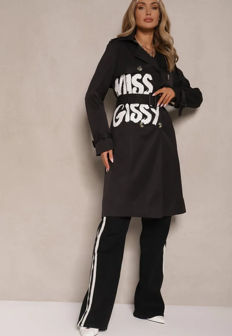 Czarny Płaszcz Dwurzędowy Trencz z Wiskozą Ozdobiony Napisem i Paskiem Janisella