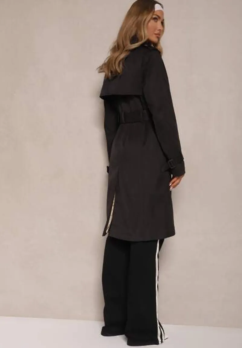 Czarny Płaszcz Dwurzędowy Trencz z Wiskozą Ozdobiony Napisem i Paskiem Janisella
