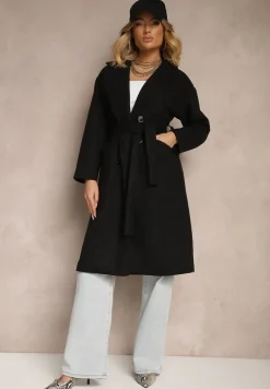 Czarny Płaszcz Dwurzędowy Wiązany Meollie