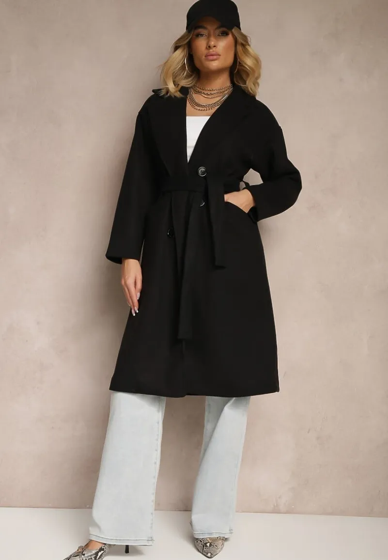 Czarny Płaszcz Dwurzędowy Wiązany Meollie