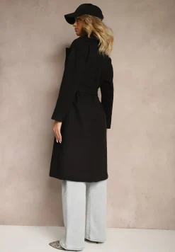 Czarny Płaszcz Dwurzędowy Wiązany Meollie