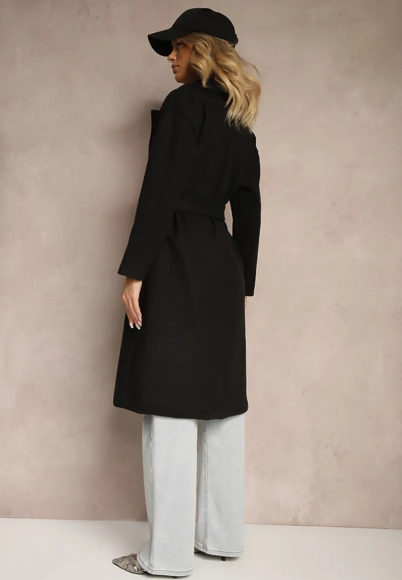 Czarny Płaszcz Dwurzędowy Wiązany Meollie