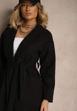 Czarny Płaszcz Dwurzędowy Wiązany Meollie