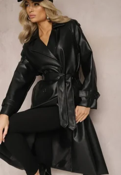 Czarny Płaszcz Dwurzędowy z Ekoskóry z Wiązaniem w Pasie i Wsuwanymi Kieszeniami Lihova