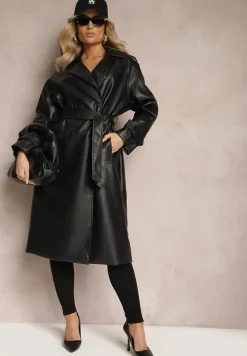 Czarny Płaszcz Dwurzędowy z Ekoskóry z Wiązaniem w Pasie i Wsuwanymi Kieszeniami Lihova