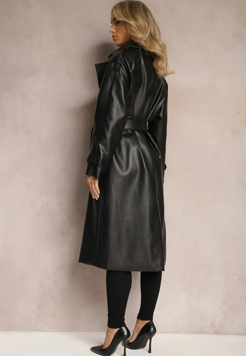 Czarny Płaszcz Dwurzędowy z Ekoskóry z Wiązaniem w Pasie i Wsuwanymi Kieszeniami Lihova