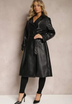 Czarny Płaszcz Dwurzędowy z Ekoskóry z Wiązaniem w Pasie i Wsuwanymi Kieszeniami Lihova