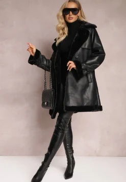 Czarny Płaszcz Dwurzędowy z Imitacji Skóry Clachee