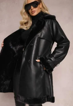 Czarny Płaszcz Dwurzędowy z Imitacji Skóry Clachee