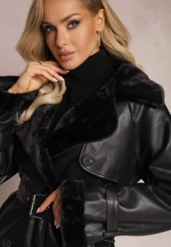 Czarny Płaszcz Dwurzędowy z Imitacji Skóry Clachee
