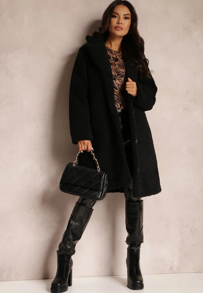 Czarny Płaszcz Futrzany Teddy Karli