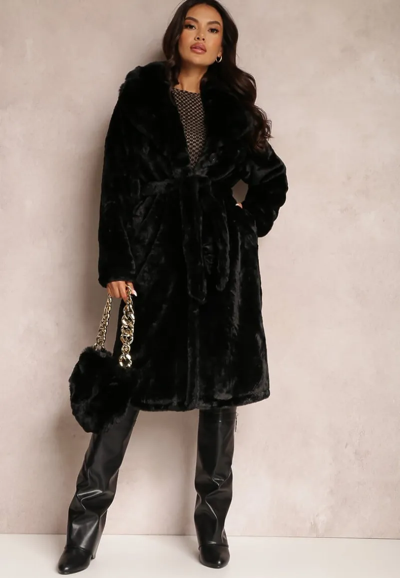 Czarny Płaszcz Futrzany Teddy z Wiązanym Paskiem i Torebką Voda