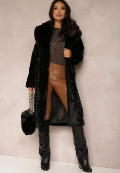 Czarny Płaszcz Futrzany Teddy z Wiązanym Paskiem i Torebką Voda