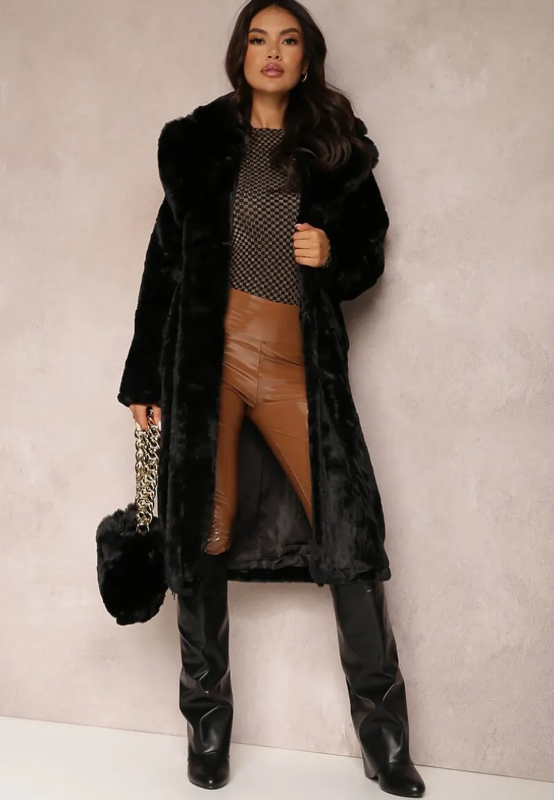 Czarny Płaszcz Futrzany Teddy z Wiązanym Paskiem i Torebką Voda