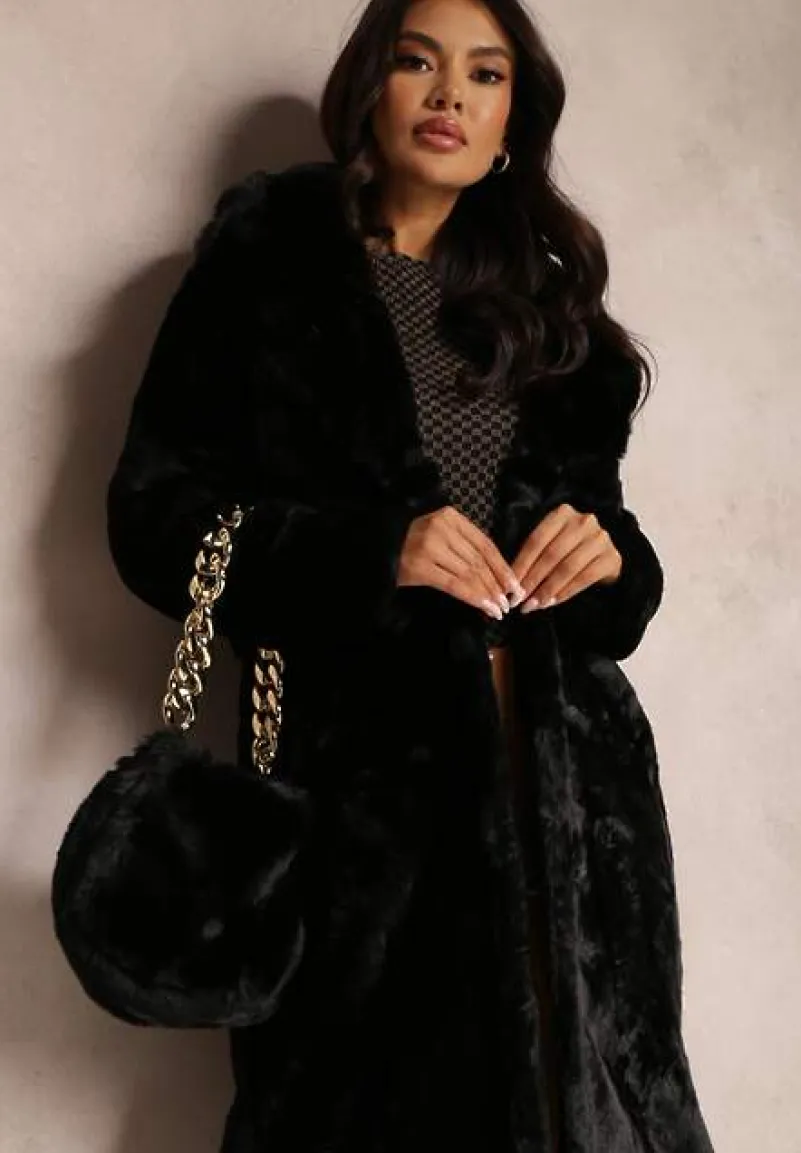 Czarny Płaszcz Futrzany Teddy z Wiązanym Paskiem i Torebką Voda
