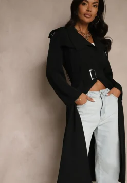 Czarny Płaszcz Jednorzędowy Trencz z Paskiem w Talii Mavinisse