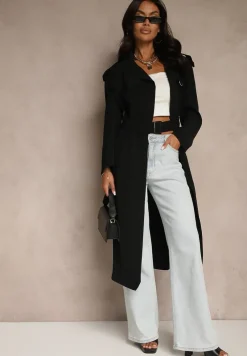 Czarny Płaszcz Jednorzędowy Trencz z Paskiem w Talii Mavinisse