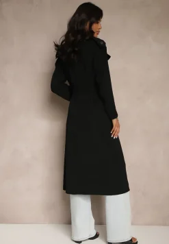 Czarny Płaszcz Jednorzędowy Trencz z Paskiem w Talii Mavinisse