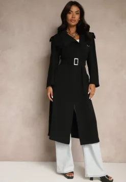Czarny Płaszcz Jednorzędowy Trencz z Paskiem w Talii Mavinisse