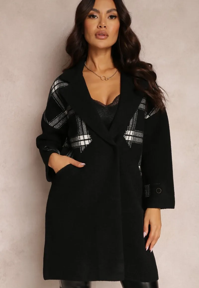 Czarny Płaszcz Krótki w Kratę Degi