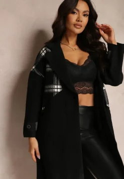 Czarny Płaszcz Krótki w Kratę Degi