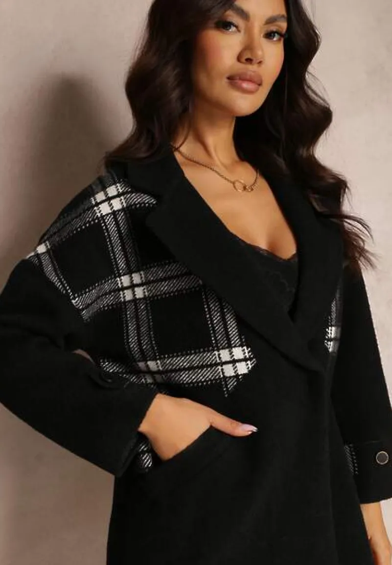 Czarny Płaszcz Krótki w Kratę Degi