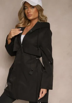 Czarny Płaszcz Kurtka Wiatrówka z Kapturem Arivina