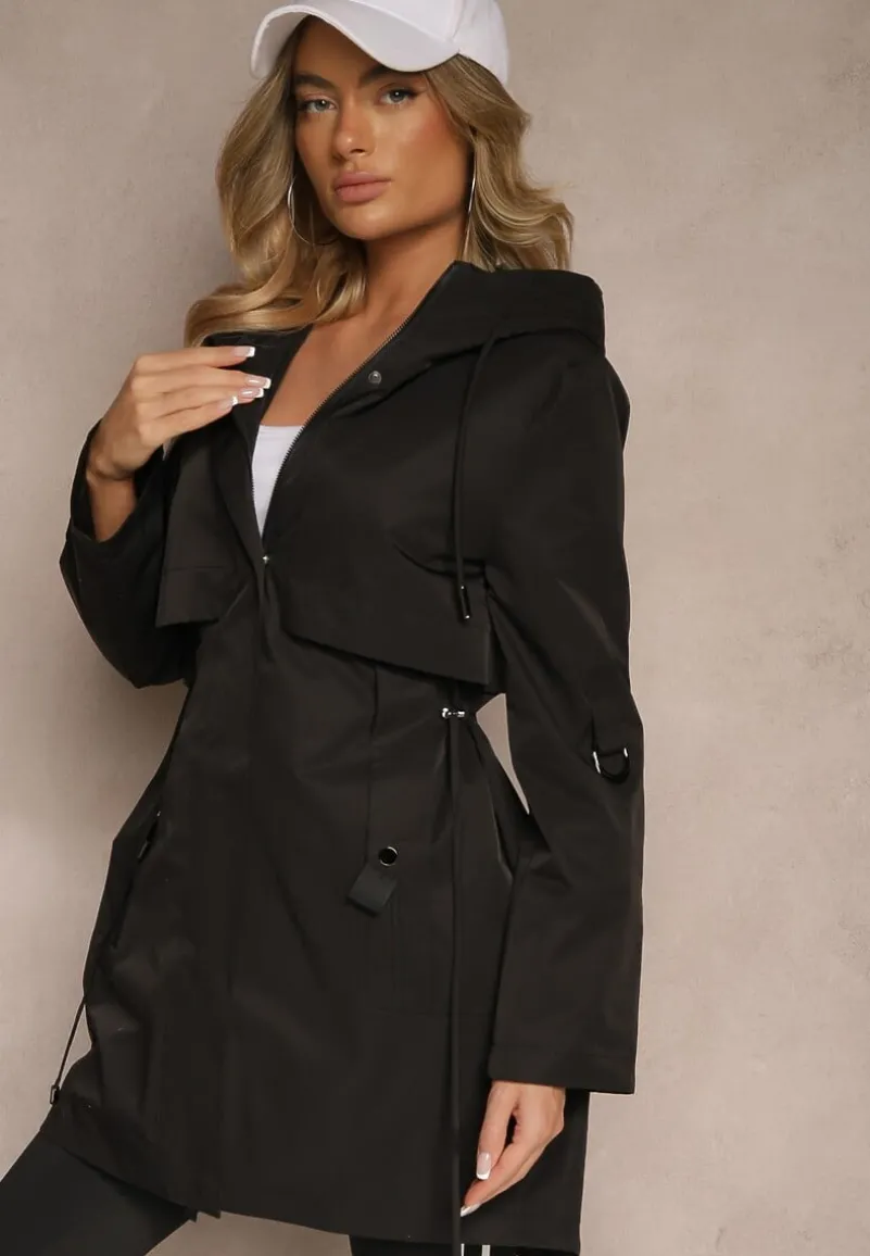 Czarny Płaszcz Kurtka Wiatrówka z Kapturem Arivina