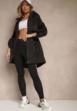 Czarny Płaszcz Kurtka Wiatrówka z Kapturem Arivina