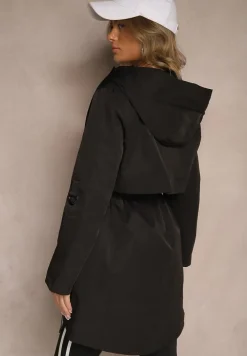 Czarny Płaszcz Kurtka Wiatrówka z Kapturem Arivina