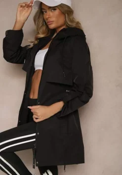 Czarny Płaszcz Kurtka Wiatrówka z Kapturem Arivina