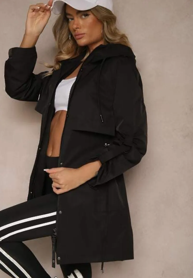 Czarny Płaszcz Kurtka Wiatrówka z Kapturem Arivina