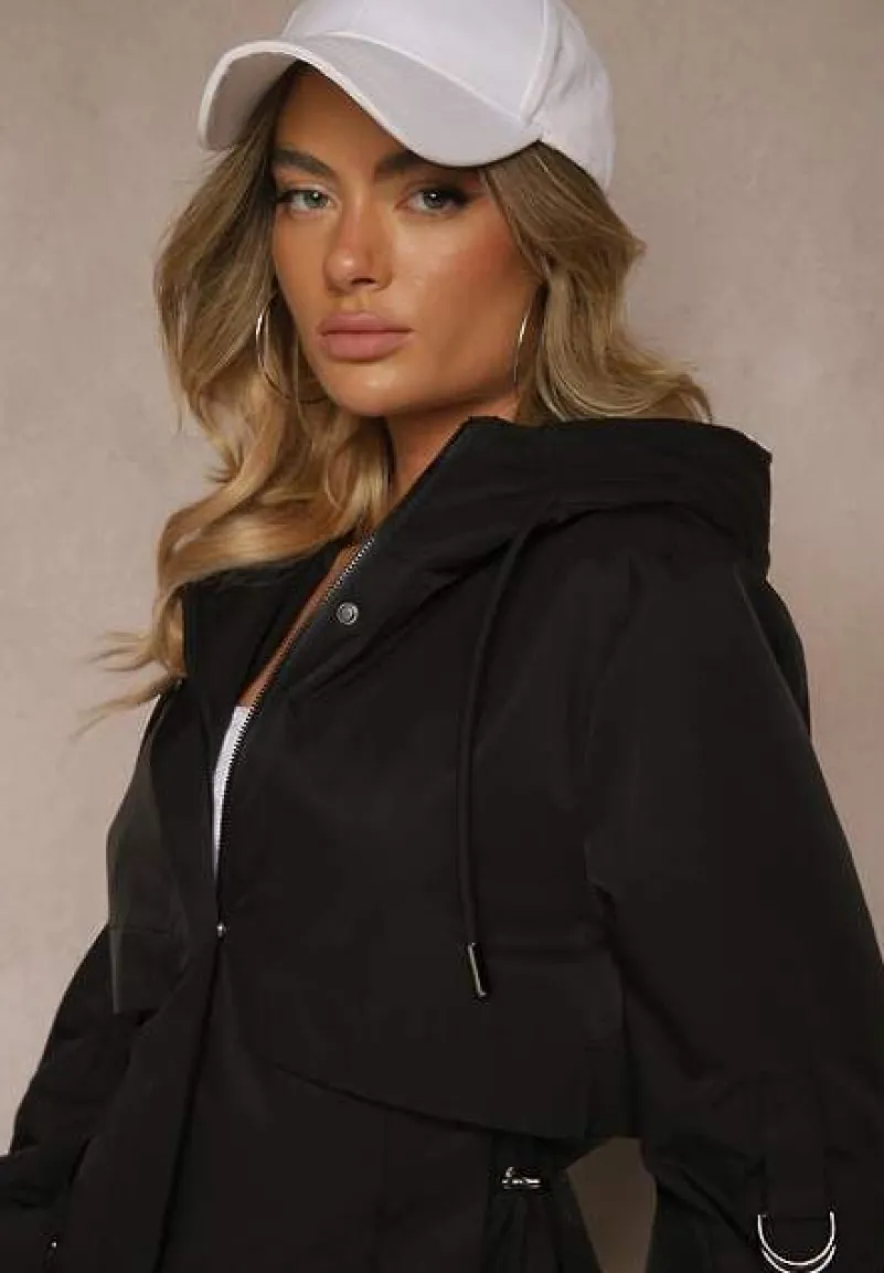 Czarny Płaszcz Kurtka Wiatrówka z Kapturem Arivina