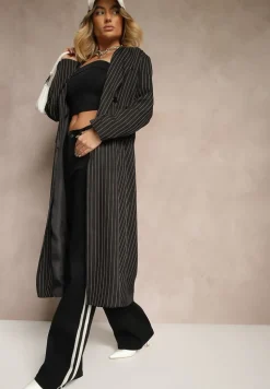 Czarny Płaszcz o Dwurzędowym Kroju w Stylu Marynarki w Paski Lanaritia