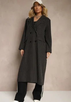 Czarny Płaszcz o Dwurzędowym Kroju w Stylu Marynarki w Paski Lanaritia