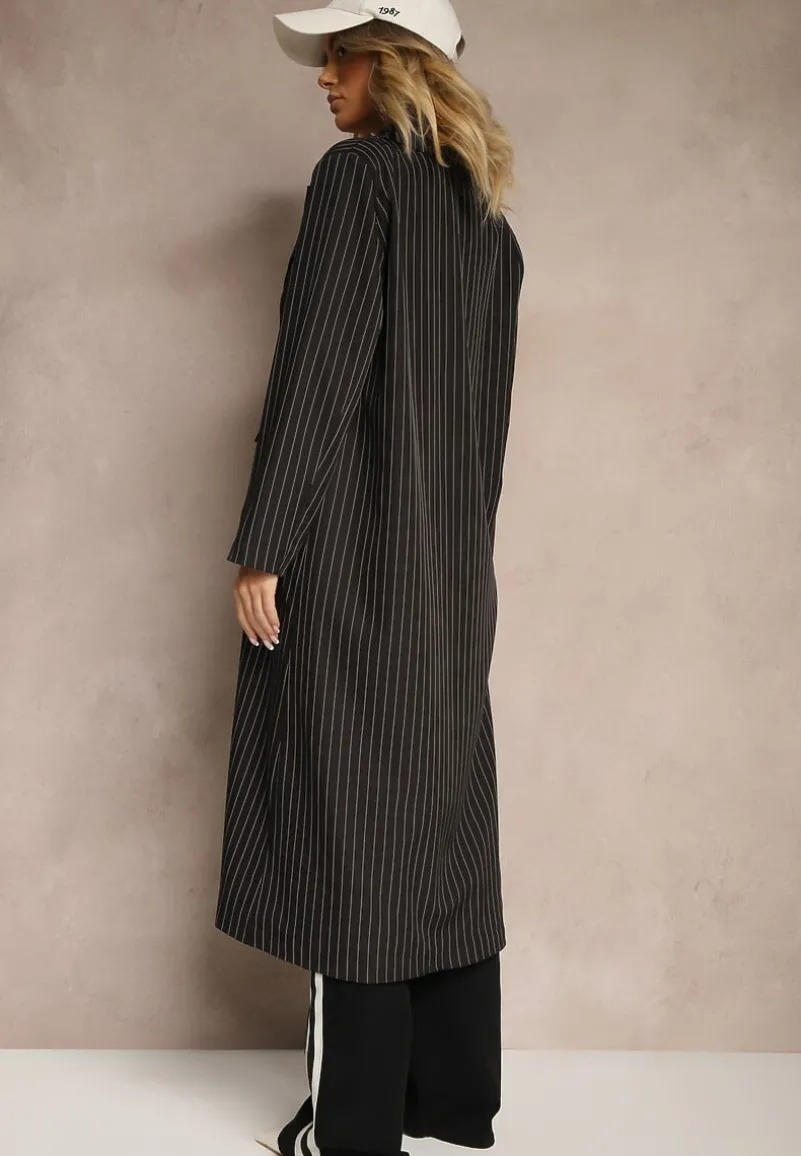 Czarny Płaszcz o Dwurzędowym Kroju w Stylu Marynarki w Paski Lanaritia